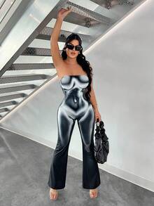 SHEIN SXY Body Graphic Print 性感街头风无袖连体裤 - 黑與白 - 查看 3