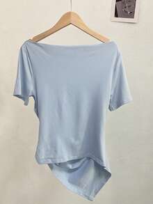 Lalippa Women's Summer Casual Off Shoulder Pleated Fitted Asymmetrical Hemline T-Shirt - Blue - View 2