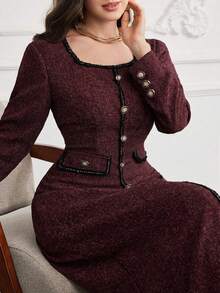 Modelyn Square Neck Color Block Ribbon Decor Button Waist Dress, Plus Size Evening Gown - Burgundy - View 3