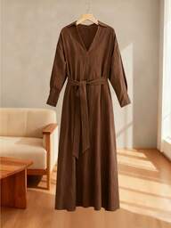 Franclia فستان طويل بياقة على شكل حرف V للنساء، تصميم بسيط، قماش عالي الجودة