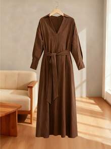Franclia 女士时尚V领长裙，简约设计，优质面料 - 咖啡 - 查看 1