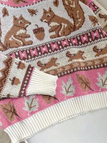 Franclia 新款叶子和松鼠图案圆领长袖套头毛衣 - 玫紅色 - 查看 6