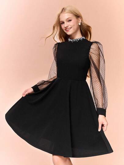 青少年梭织撞色网眼袖领珍珠串珠连衣裙