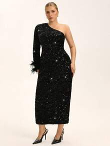 Aveloria Rosie Plus Size Women's Autumn/Winter New Arrival, Heavily Embellished Sequin One Shoulder Long Sleeve Asymmetric Design, French Luxury Elegant High Waist Fitted Slimming Long Dress, Double Layer Feather Cuff Decoration, Sophisticated Little Black Dress Versatile High-End, Suitable For Formal Occasions, Weddings, Parties