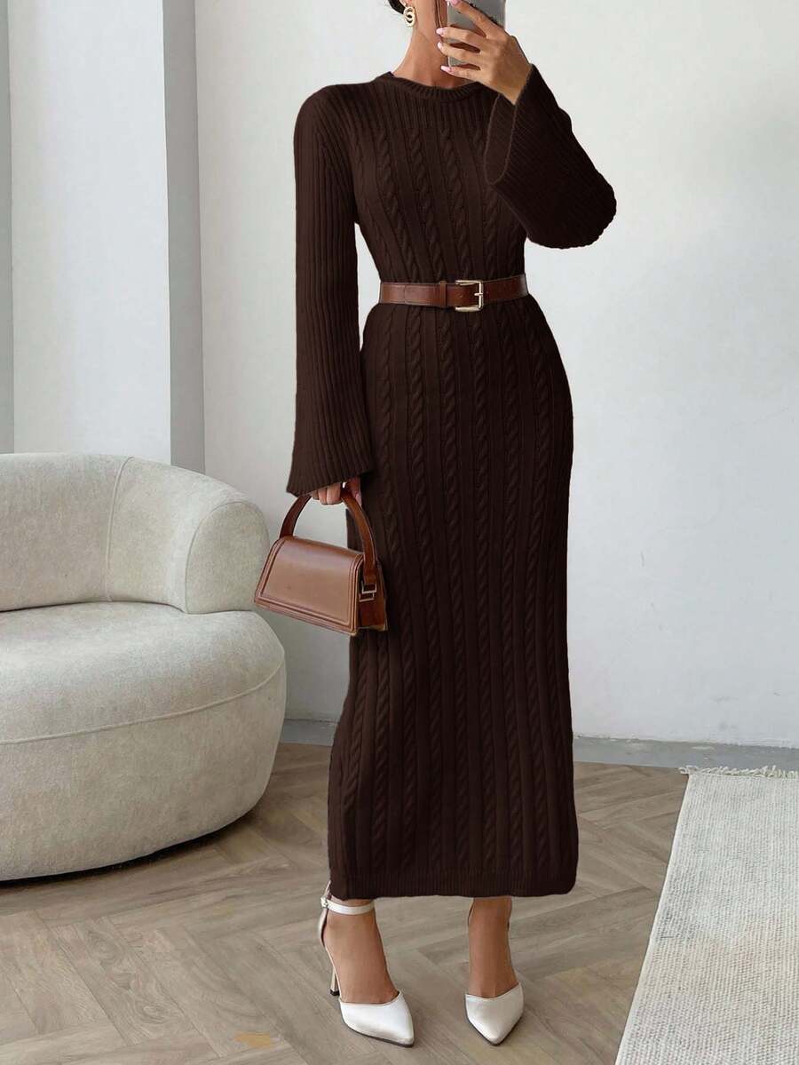 EURMUSE Cable Pattern Sweater Dress Fall Winter - Brown - View 1