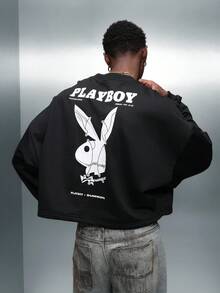 PLAYBOY X SUMWON 兔子标志设计短款运动衫长袖休闲街头服饰 - 黑色 - 查看 2