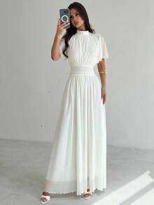 Firerie 女士优雅浪漫高腰 A 字形荷叶边立领连衣裙，喇叭袖，白色，适合通勤、海滩、度假 - 白色 - 查看 7