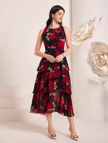 Modelyn 印花荷葉邊連衣裙不附腰帶 - 黑色 - 查看 4