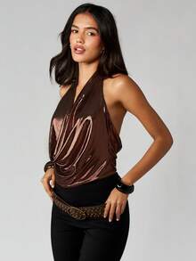 MISSGUIDED Metallic Cowl Neck Halter Top Backless Evening Party Blouse - Coffee Brown - View 3