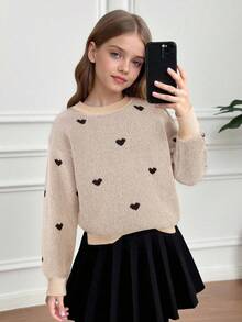 SHEIN Bộ 2 món áo len cổ tròn trễ vai họa tiết trái tim và chân váy xếp ly màu đen trơn cho bé gái tuổi mới lớn, mặc hàng ngày, trở lại trường, những dịp thường ngày, ấm áp cho mùa thu đông, mặc hàng ngày - Màu be - Xem 6