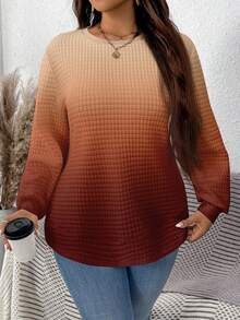 EMERY ROSE Thanksgiving Brown Ombre Print Casual Minimalist Plus Size Waffle Sweatshirt, Suitable For ,Spring - Multicolor - View 5