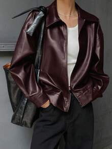 DAZY 翻领拉链宽松休闲摩托车皮夹克，长袖外套女式大衣 - 紅色 - 查看 5