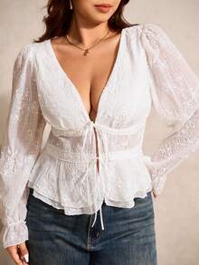 Elaquor 大码女式花卉刺绣深V领系带长袖性感时尚衬衫 - 白色 - 查看 5