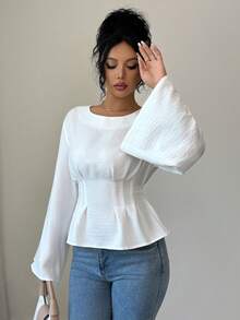 Rafferiza 女士秋冬时尚束腰衬衫，纯色休闲衬衫 - 米色 - 查看 6