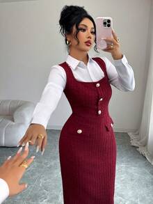 Elenzga Elegant French Style Stretchy Silver Thread Tweed Burgundy High-End Design Sense Square Collar Fitted Slim Waist Pearl Button Sleeveless Bodycon Dress, Versatile For Holidays, Independence Day - Burgundy - View 5