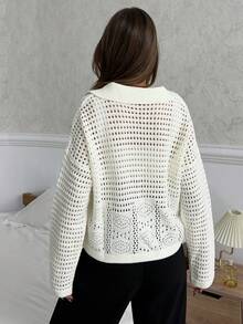 EURMUSE Damen einfarbiger Pullover mit Polokragen, Ausschnitt, Drop-Shoulder - Creme - Übersicht 5