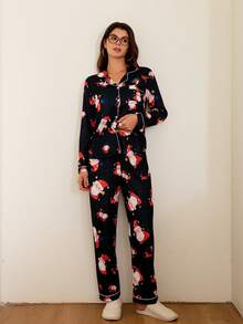 圣诞老人卡通印花长袖上衣和裤子睡衣套装，女士秋冬服装，圣诞节 - 黑色 - 查看 3