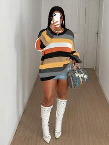 Maweii Plus Size Women Contrast Stripe Hollow Out Round Neck Casual Sweater - Black - View 3