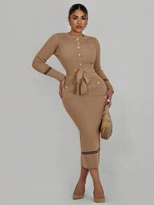 Lineaform Women's Elegant Fitted Metal Button Front Long Sweater Dress - Khaki - View 5