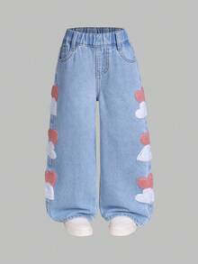 2025 Herbst/Winter Neue Jeans für Kleine Mädchen, modische Herz-Stickerei Lässig Straight Leg Loose Fit Thermofutter Jeans, bequeme Vintage gewaschene Blau Jeans mit mittlerer Taille, geeignet für Straße, Lässig, Retro, Streetwear, Loose, Straight Leg, Fitted, Alltag, Schule, Pendeln, Party, Zuhause, Halloween - Mittele Waschung - Übersicht 4