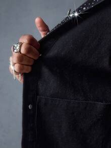 ROMWE MEN Street Life 男士水钻装饰印花长袖牛仔夹克 - 黑色 - 查看 9