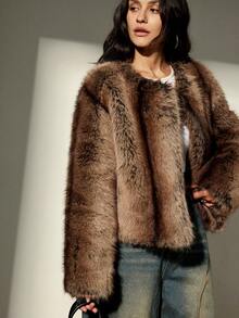 Aveloria Modichic Fashionable Chic Minimalist Design Faux Fur Short Jacket For Women - Brown - View 3