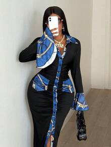 Maweii Plus Size Women's Sexy Long Sleeve Patchwork Flare Sleeve Cardigan With Button, Color Block Pocket Lapel Collar Long Slim Fit Black Dress, Autumn/Winter/Spring - Black - View 4