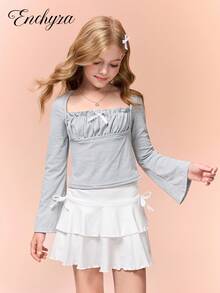 女童时尚蝴蝶结装饰方领褶皱拼接长袖T恤，舒适休闲风格，春秋季 - 灰色 - 查看 6