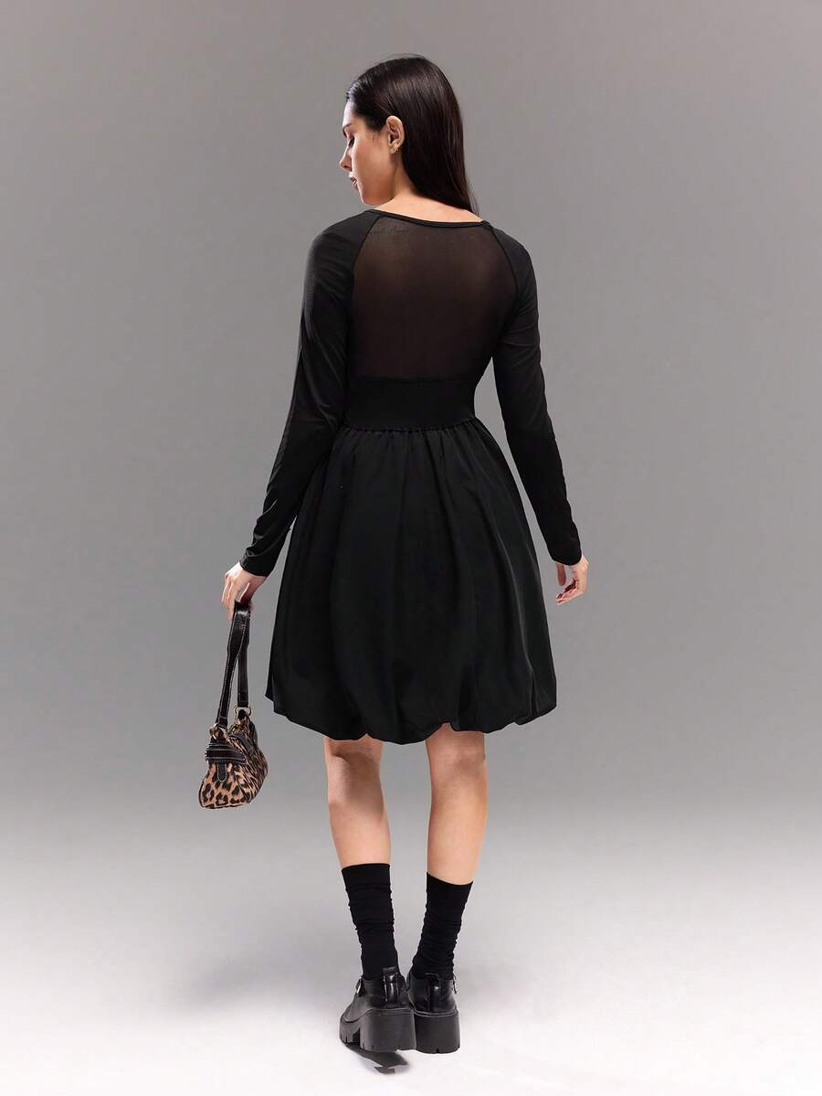 Teenage Girls Casual Street Style Patchwork Sheer Party Snug Fit Floral Mini Dress, Suitable For Halloween, Christmas, Party - Black - View 1