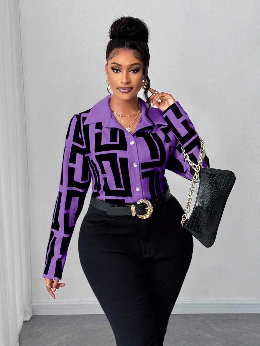 Maweii Plus Size Women Geometric Print Casual Shirt - Purple - View 1