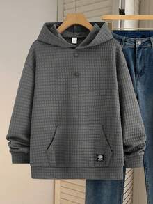 SHEIN 青少年男童休闲宽松舒适百搭织唛装饰纽扣门襟卫衣，适合秋季、冬季、外出、运动穿着。 - 深灰色 - 查看 1