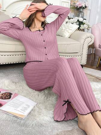 Women Casual Plush Long Sleeve Top And Pants Lounge Set Two Pieces Sleepwear Set Sleep Wear Women 2 Piece Set Long Sleeve Lounge Set Lounge Set Two Piece, Winter Clothes