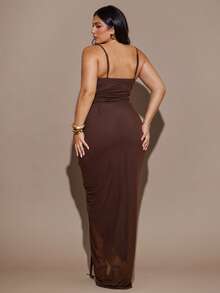 SHEIN BAE 大码女式棕色高开衩连衣裙 - 棕色 - 查看 4