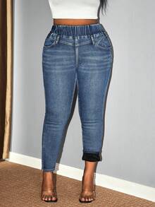 Hourglow Dollyholly86 Plus Size Casual Washed High Waist Slim Fit Jeans, For Hourglass Body Shape - Blue - View 6