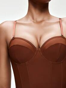 SHAPORA 巧克力棕色腰部修身无缝文胸上衣带钢圈，简约休闲风格，适合派对和日常穿着 - 咖啡棕 - 查看 5