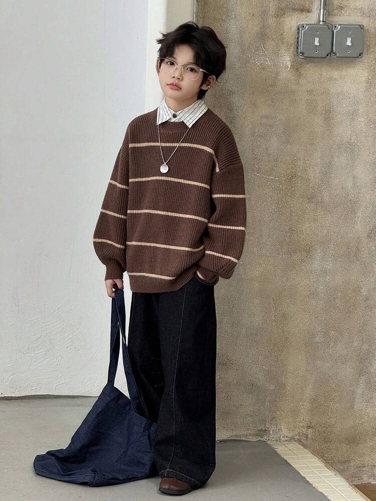 Tween Boy Casual Colorblock Striped Drop Shoulder Sweater, Autumn/Winter