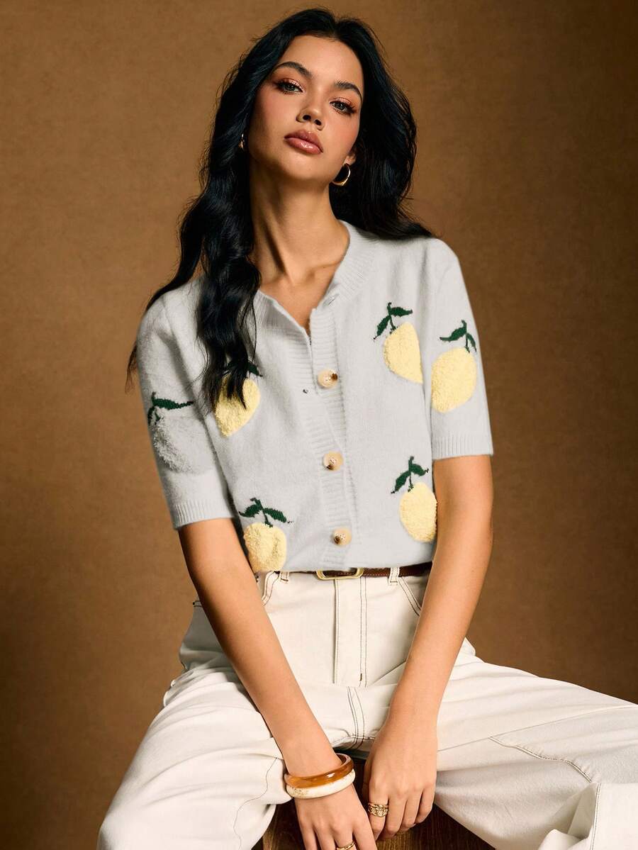 Poéselle Cárdigan de punto de manga corta casual con bordado de limón - Gris - Ver 1