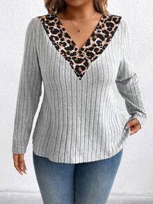 EMERY ROSE Women's V-Neck Leopard Print Patchwork Casual T-Shirt, Suitable For Outdoor And Leisure Wear - Multicolor - View 4