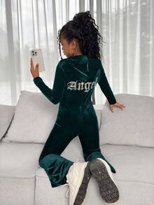 SHEIN 青少年女孩秋冬休闲时尚百搭针织天鹅绒连帽拉链后钻修身喇叭裤，周末休闲外出，节日派对，圣诞节 - 墨綠色 - 查看 5