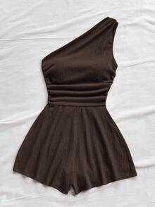 Soleia Plus Size Women Casual Ruched Sleeveless Jumpsuit, Suitable For Vacation, Autumn/Winter - Coffee Brown - View 4