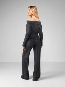 MISSGUIDED 露肩麻花针织毛衣套装冬季秋季舒适休闲阔腿裤搭配两件套服装 - 深灰色 - 查看 2