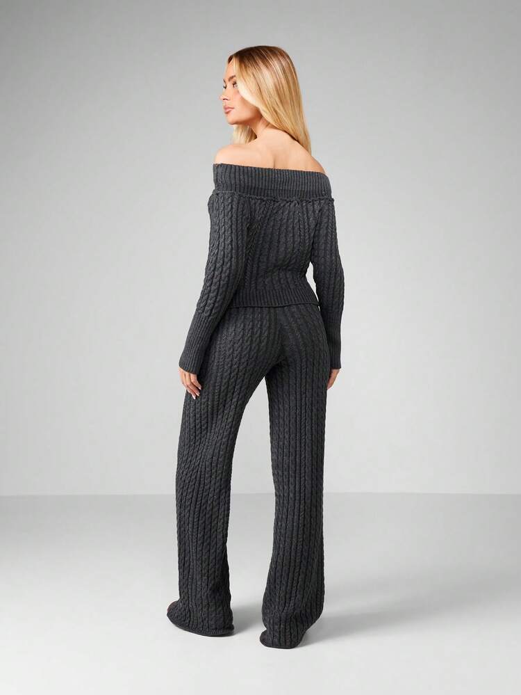 MISSGUIDED Conjunto de dos piezas a juego de suéter de punto trenzado con hombros descubiertos y pantalones anchos de pierna ancha, acogedor para el invierno y el otoño