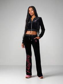Missguided x Playboy Velvet Fit And Flare Sweatpants With Rhinestone Logo For Loungewear And Casual Wear - Black - View 3