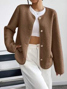 SHEIN Unity Women's Casual Loose Solid Color Long Sleeve Front Button Jacket - Brown - View 4