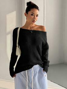 Flirla Petite Áo len tay dài màu trơn cổ tròn lệch vai bất đối xứng dành cho nữ mùa thu/đông - màu đen - Xem 5