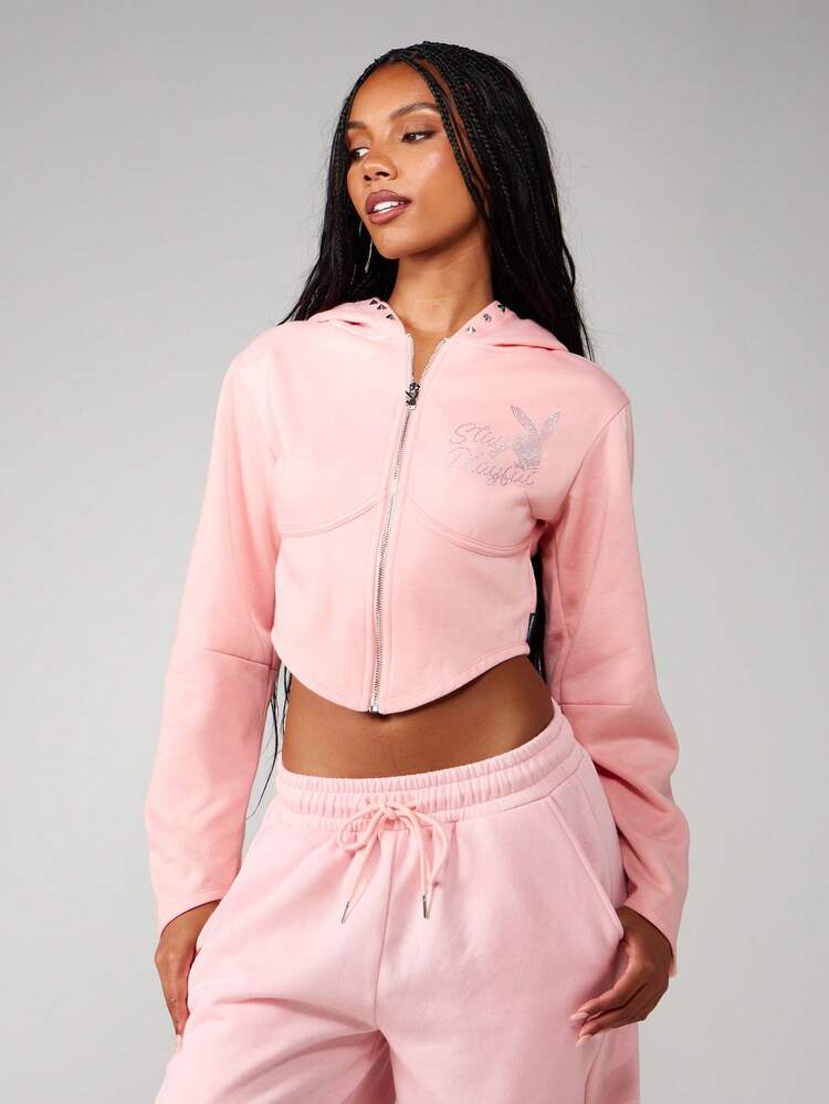 Missguided x Playboy Cropped Zip Up Hooded Sweatshirt With Rhinestone Logo Details And Drawstring