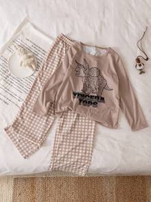 2 件男童柔软舒适薄睡衣套装，可爱卡通恐龙格子印花，休闲宽松长袖上衣和裤子睡衣 - 棕色 - 查看 1