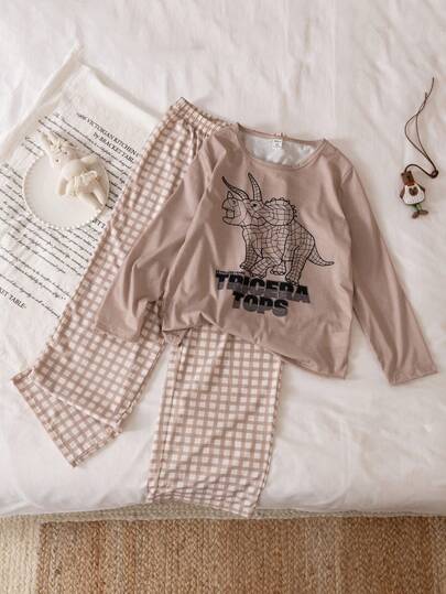 2 件男童柔软舒适薄睡衣套装，可爱卡通恐龙格子印花，休闲宽松长袖上衣和裤子睡衣