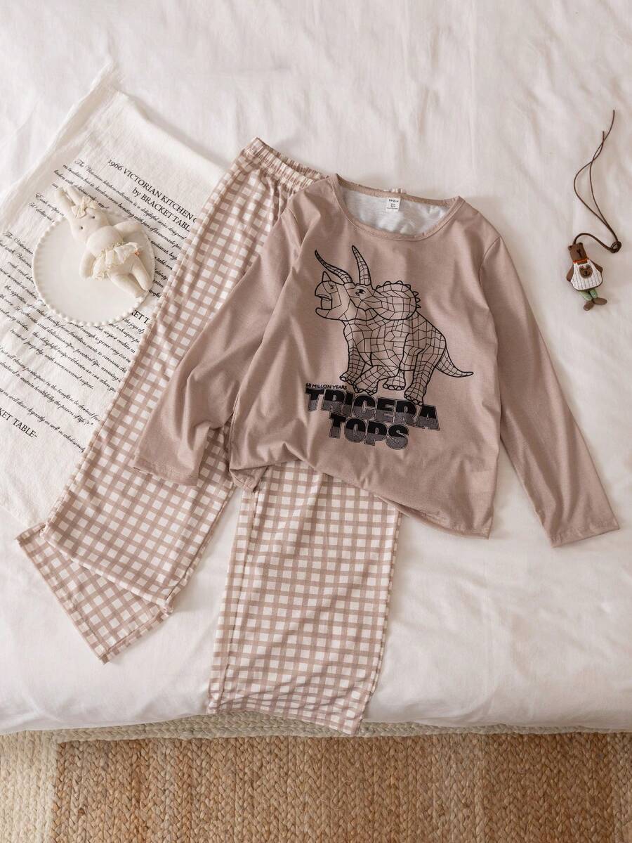 2 件男童柔软舒适薄睡衣套装，可爱卡通恐龙格子印花，休闲宽松长袖上衣和裤子睡衣 - 棕色 - 查看 1