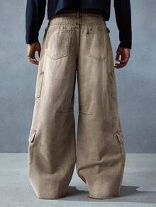 ROMWE MEN Street Life Men's Loose Fit Patchwork Waistband Cargo Jeans - Khaki - View 2